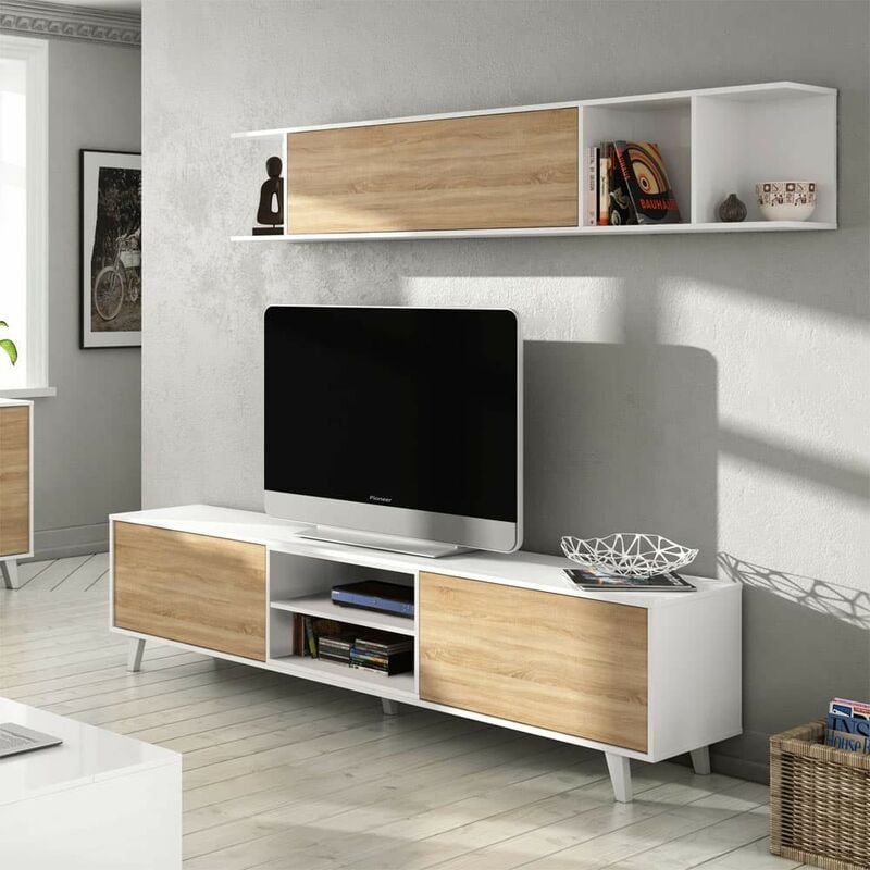 Meuble salon salle à manger Zaiken Plus 180 cm (largeur) x 51 cm (hauteur) x 41 cm (profondeur) - Blanc Brillant - Chêne Canadien