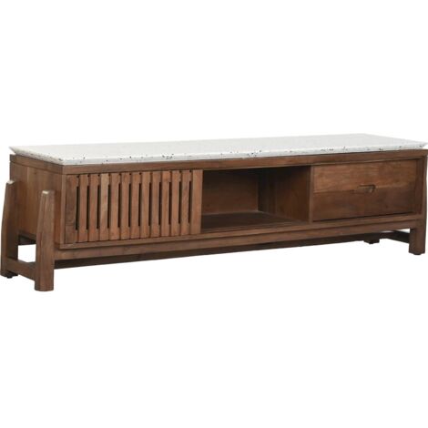 Meuble TV acacia terrazzo style oriental et moderne - bois foncé et terrazzo blanc