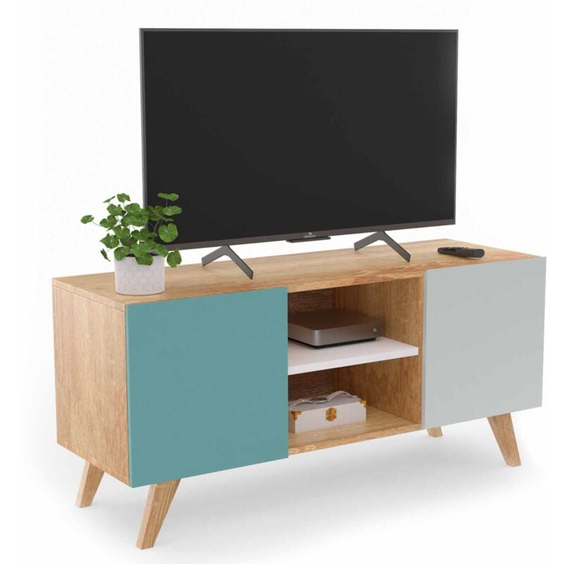 Meuble tv 113 cm scandinave alice bleu, gris et blanc