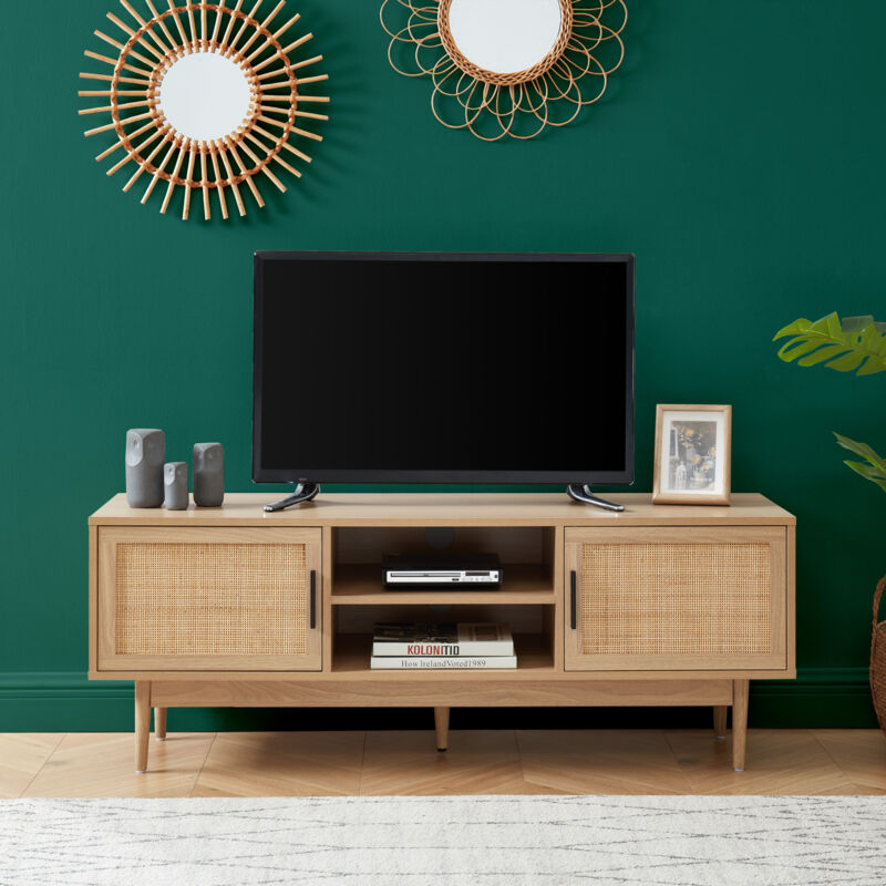 Bata - Meuble tv 2 portes 130x39,5x48,5 cm naturel avec cannage - aretha