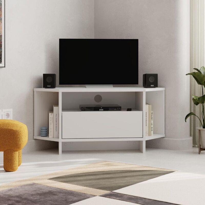 Meuble TV angulaire blanc 95.7x35.4x45.3H Viva