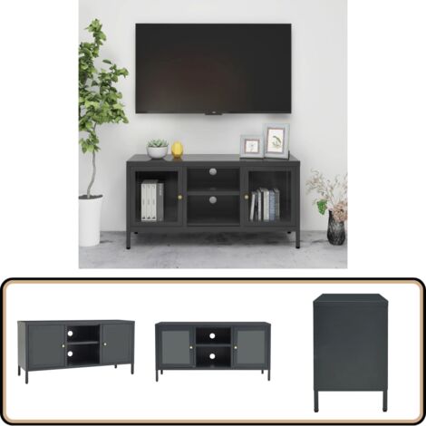 Meuble TV Anthracite 105x35x52 cm Acier et verre - Meuble Tv - Meuble Téléviseur - Support Tv - Unit Tv - Meubles Living
