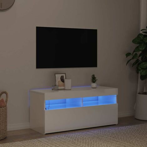 Meuble TV  - Armoire de salon  Banc TV avec lumières LED blanc brillant 90x35x40 cm -FR23849