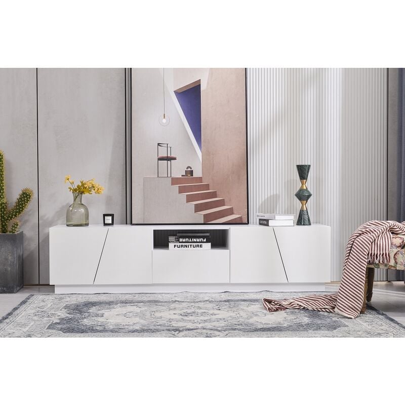 armoire tv moderne colorblocking surface brillante avec veines de bois 170cm - blanc