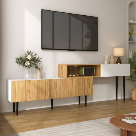 Meuble TV aspect bois + blanc mat, meuble TV à longueur réglable avec pieds en métal noir, 220x30x63 cm