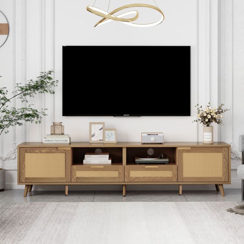 Dans Les Nuages - Meuble tv 200 cm, avec 2 portes et rotin, 2 tiroirs, Banc Télé, style classique - naturel