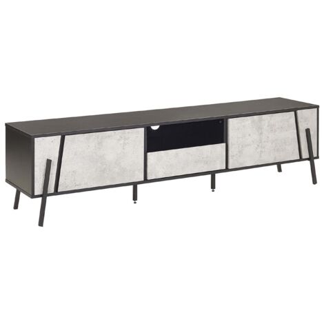 Meuble TV au Design Industriel et Minimaliste avec Structure en Métal Noir 2 Portes d'un Tiroir Effet Béton pour Salon ou Chambre Beliani
