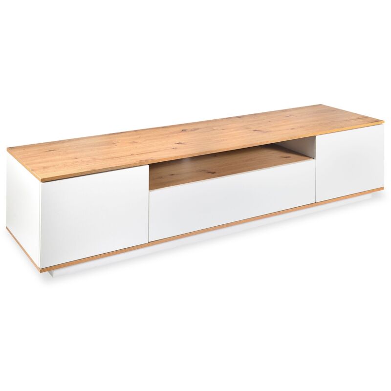 Cotecosy - Meuble tv au design linéaire Iliade L180cm Bois clair et Blanc