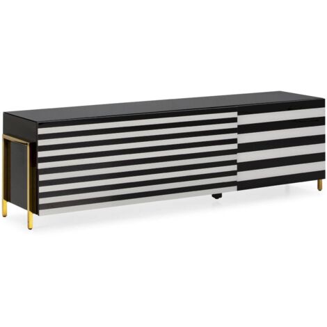 Meuble TV /Audio 145 x 44 x 46 cm Verre, Acier - Blanc, Noir, Doré