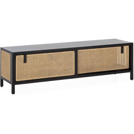 Meuble TV /Audio 160 x 42 x 48 cm Bois, Rotin - Noir, Naturel