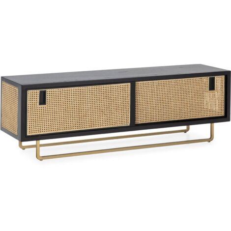 Meuble TV /Audio 160 x 42 x 52 cm Bois, Rotin, Métal - Noir, Naturel, Doré