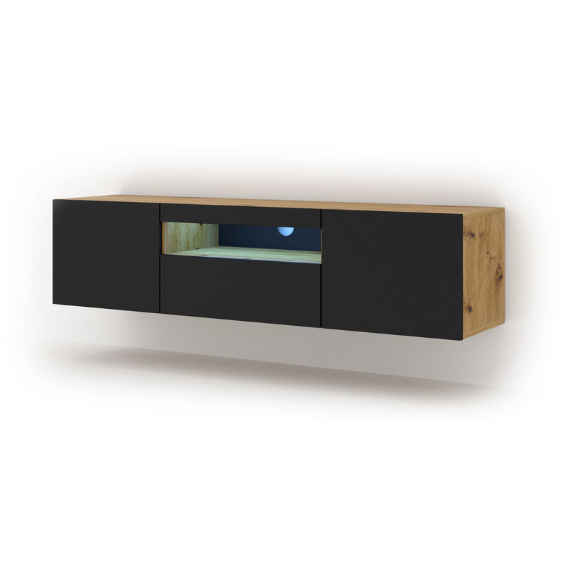 Bim Furniture - Meuble tv aura 150 cm suspendu ou debout chêne artisanal / noir mat + led