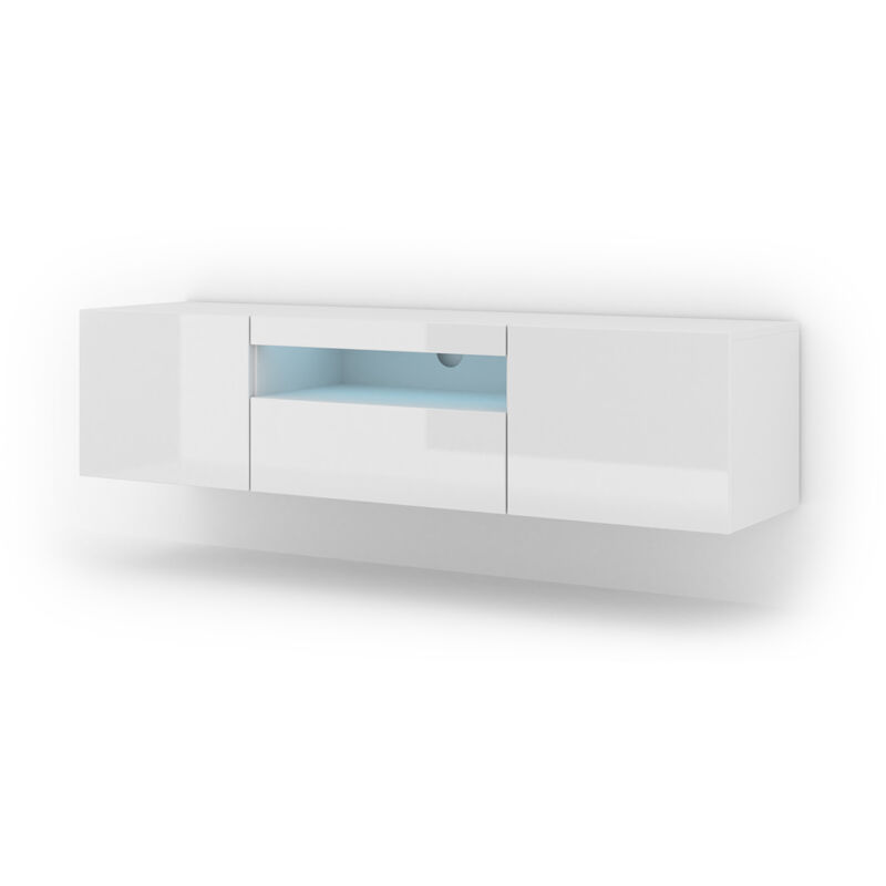 Bim Furniture - Meuble tv aura 150 cm suspendu ou debout blanc mat / blanc brillant + led