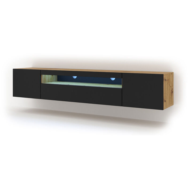 Bim Furniture - Meuble tv aura 200 cm suspendu ou debout chêne artisanal / noir mat + led