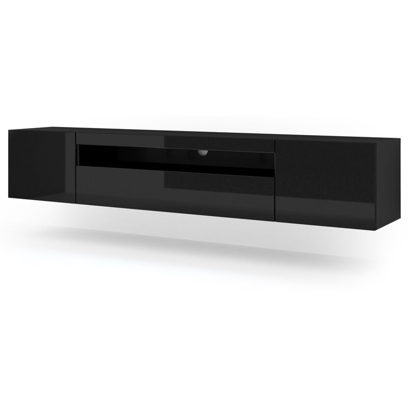 Bim Furniture - Meuble tv aura 200 cm suspendu ou debout noir mat / noir brillant
