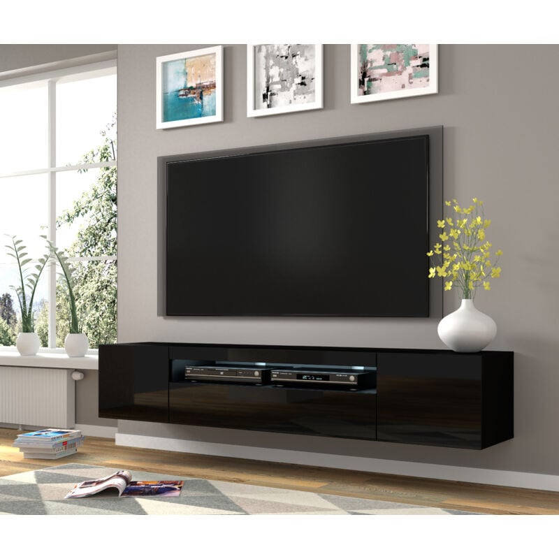 Bim Furniture - Meuble tv aura 200 cm suspendu ou debout noir mat / noir brillant + led