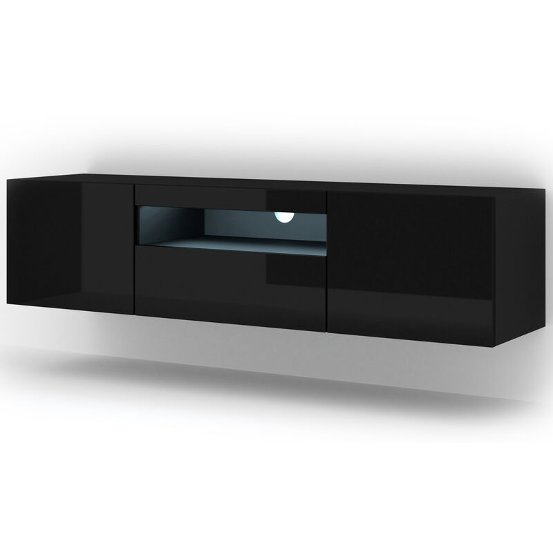 Bim Furniture - Meuble tv aura 150 cm suspendu ou debout noir mat / noir brillant + led