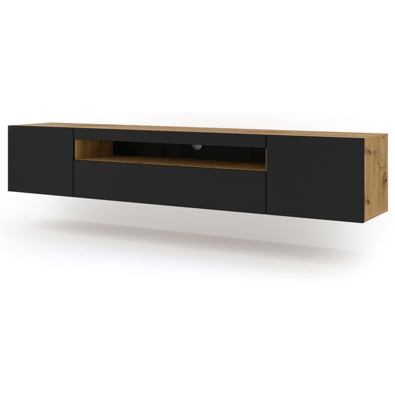 Bim Furniture – Meuble TV mural 200 cm 3 portes – Panneaux stratifiés 16 mm – Étagères ouvertes et fermées – Gestion des câbles intégrée