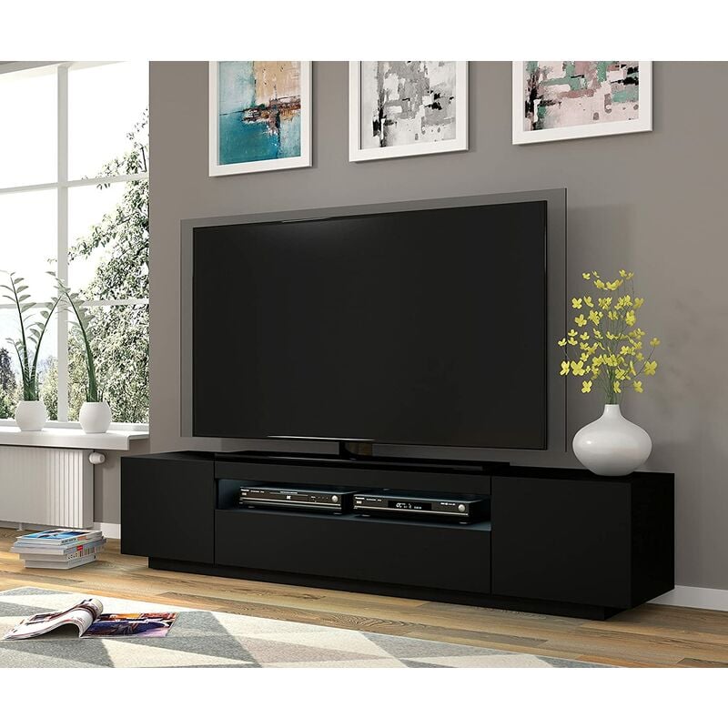 Aura Meuble tv avec led intégré 200x37x42H Cm meuble suspendu ou au sol avec pieds Noir Mat