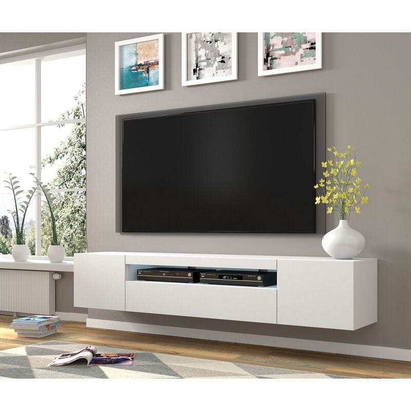 Bim Furniture - Meuble tv suspendu ou au sol Led Inclus 200x42/36x37 Cm stand aura Blanc mat