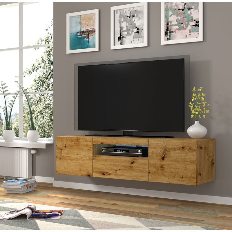 Bim Furniture - Meuble tv suspendu ou au sol Led Inclus 150x42/36x37 Cm stand aura Chêne