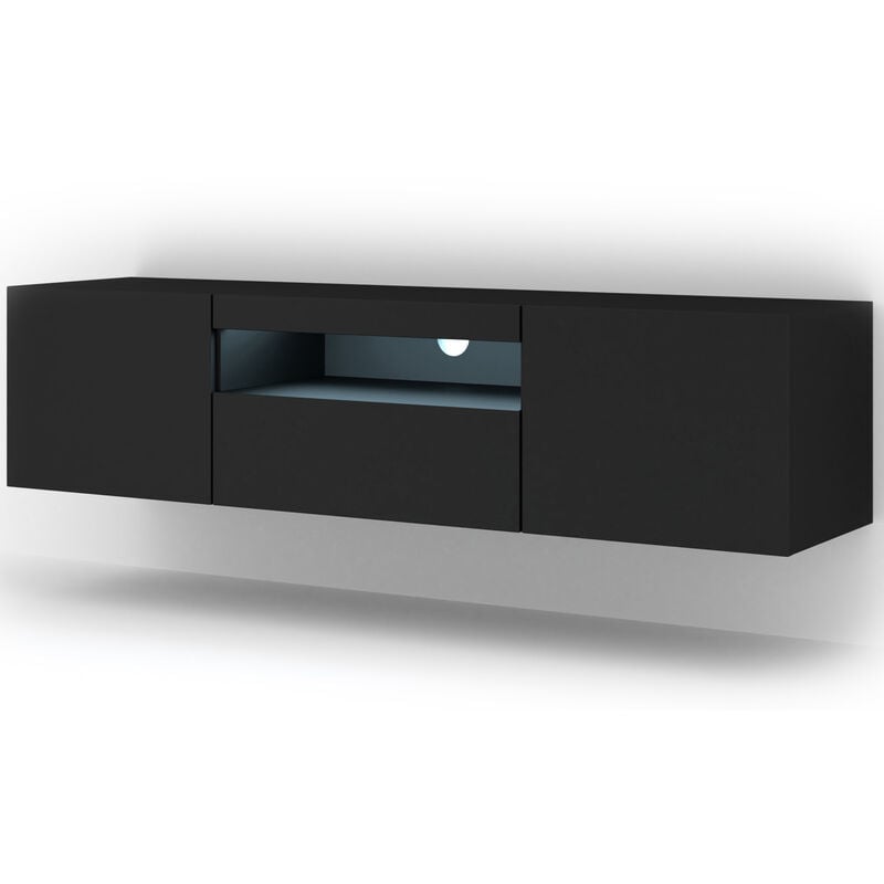 MEUBLE TV SUSPENDU OU AU SOL NOIR MAT AVEC LED 150x37x42cm AURA