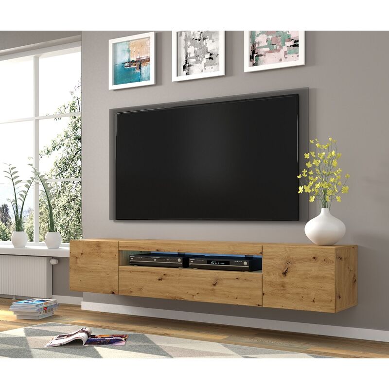 Bim Furniture - Meuble tv suspendu ou au sol Led inclus 200x42/36x37 Cm stand aura Chêne