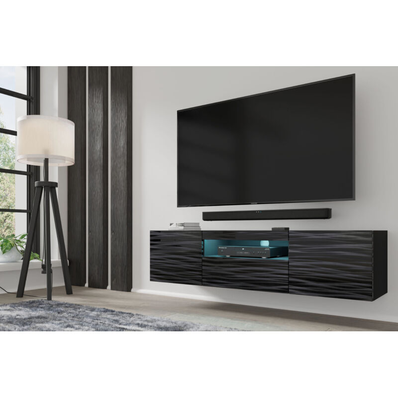 Bim Furniture - Meuble tv aura Noir Sahara 150x37x42 cm, Suspendu ou sur Pieds, Meuble tv Universel, Lowboard avec Rangement, Ouverture pour câbles, Bim Furniture - Meuble tv aura Noir Sahara 150x37x42 cm, Suspendu ou sur Pieds, Meuble tv Universel, Lowboard avec Rangement, Ouverture pour câbles,