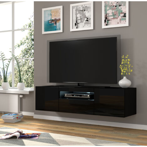 Meuble TV AURA 150x37x42 cm, à suspendre ou à poser, meuble TV universel, TV Board, Lowboard, Sideboard, table HiFi, meuble suspendu Noir Brillant avec LED