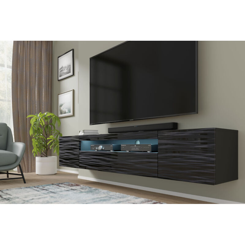 Bim Furniture - Meuble tv aura Noir Sahara 200x37x42 cm, Suspendu ou sur Pieds, Meuble tv Universel, Lowboard avec rangement, Ouverture pour câbles, Bim Furniture - Meuble tv aura Noir Sahara 200x37x42 cm, Suspendu ou sur Pieds, Meuble tv Universel, Lowboard avec rangement, Ouverture pour câbles,