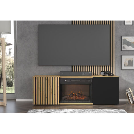 Meuble TV Auris 150 cm avec cheminée en chêne artisan et mat noir