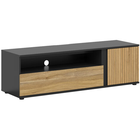 Meuble TV avec 1 porte et tiroir,coloris Chêne/Noir - Longueur 155 x Profondeur 45,5 x Hauteur 47 cm