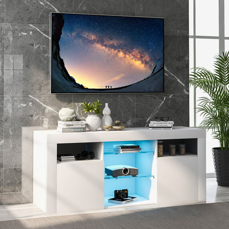 Merax - Meuble TV avec 2 armoires avec portes et 5 étagères ouvertes, éclairage LED 16 couleurs, meuble TV pour téléviseurs jusqu'à 55 pouces, blanc