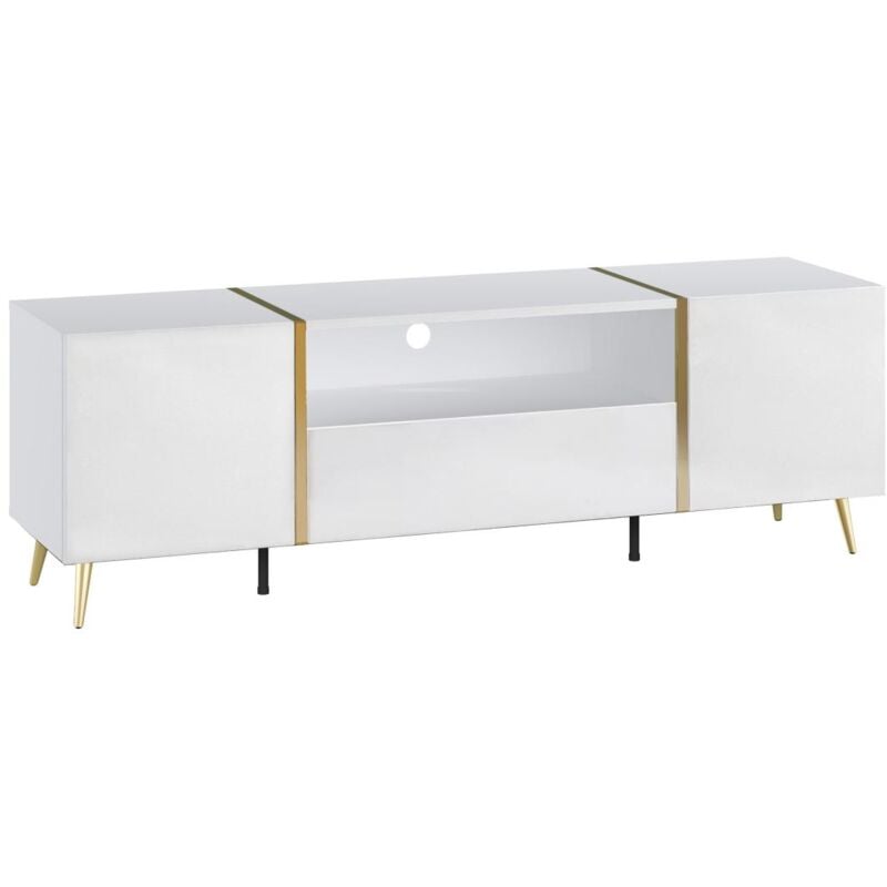 Vente-unique - Meuble tv avec 2 portes, 1 tiroir et 1 niche - Blanc brillant et Doré - marzialo