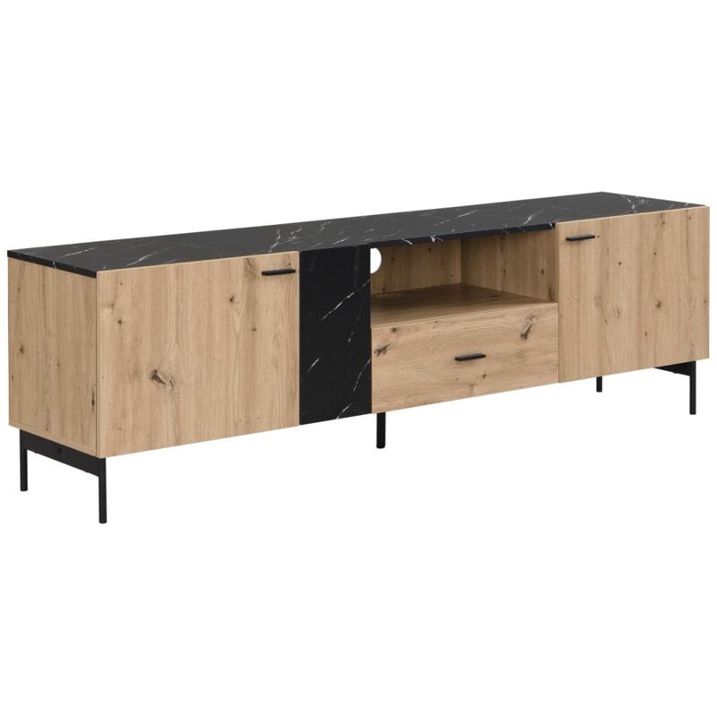 Meuble tv avec 2 portes, 1 tiroir et 1 niche en mdf et métal - Naturel clair et Effet marbre noir - liomena de Pascal Morabito