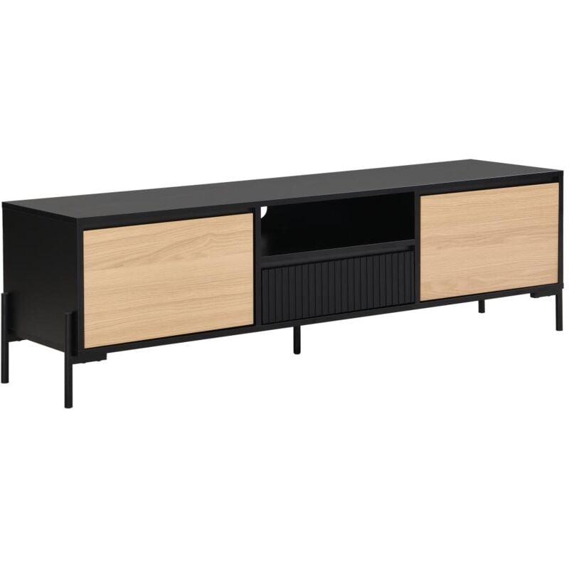 Vente-unique - Meuble tv avec 2 portes, 1 tiroir et 1 niche - Noir et naturel clair - glarodi