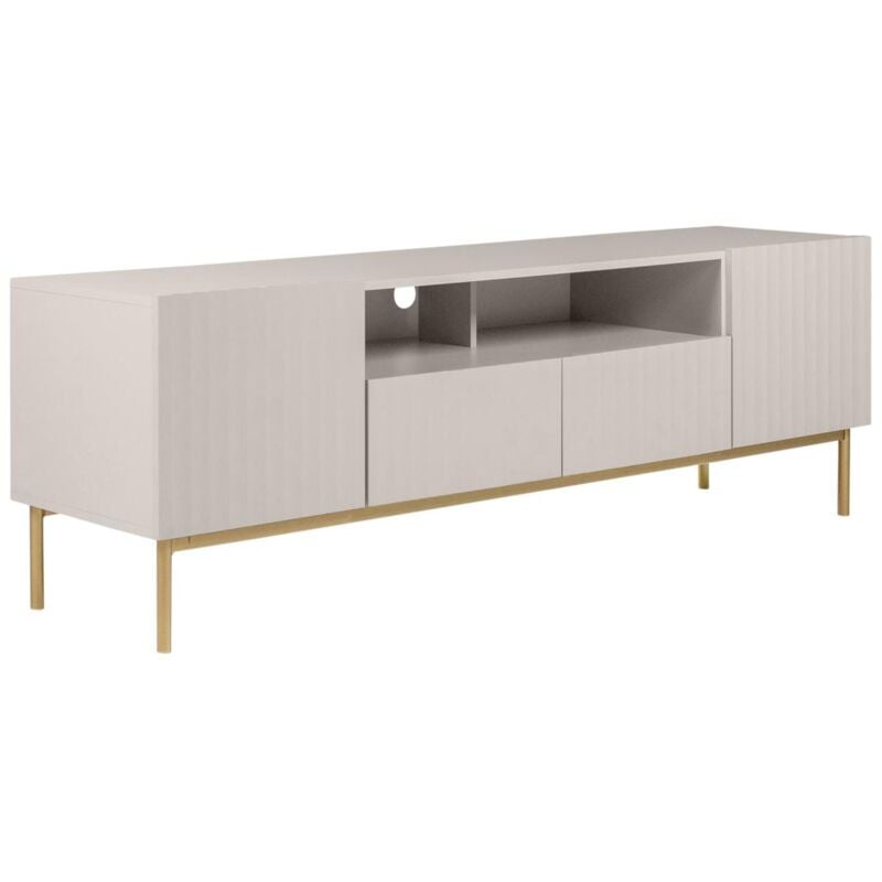Vente-unique - Meuble tv avec 2 portes, 2 tiroirs et 2 niches en mdf et acier - Beige et doré - evilana