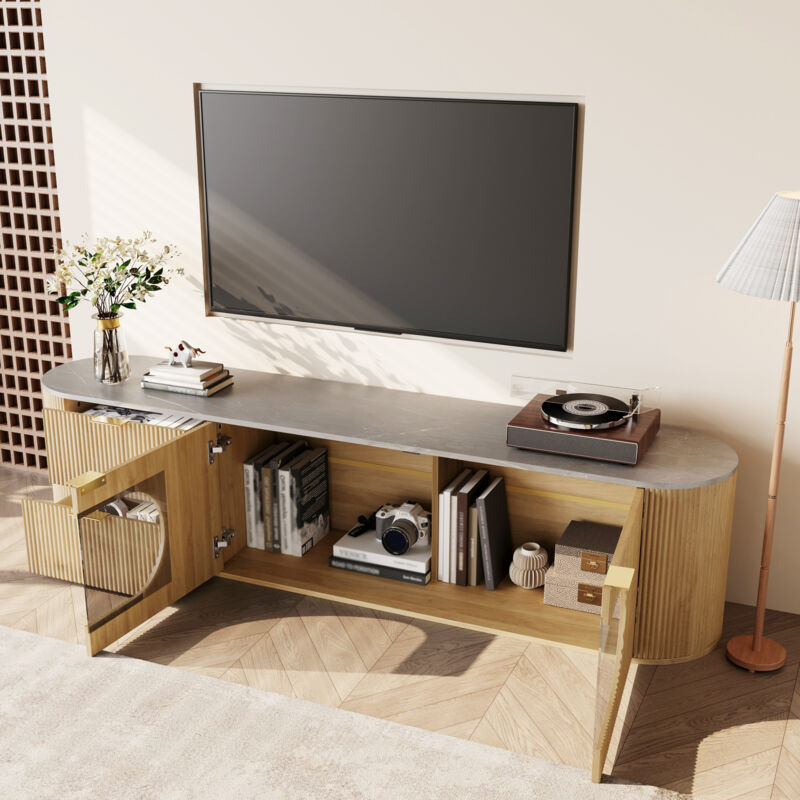 Meuble TV avec 2 Portes 3D, 2 Tiroirs et Vitrine Ovale en Verre Gris, Style Minimaliste, 172×38×45,5 cm, Naturel
