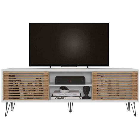 Meuble TV avec 2 portes coloris blanc, chêne buriti - longueur 180 x profondeur 36 x hauteur 46 cm -PEGANE-