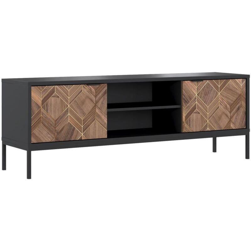 Vente-unique - Meuble tv avec 2 portes et 2 niches - Noir et Naturel foncé - mialine