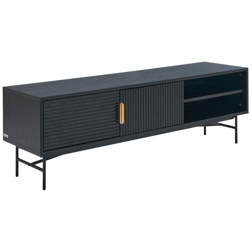Vente-unique - Meuble tv avec 2 portes et 2 niches placage chêne et métal - Noir et Doré - siriola