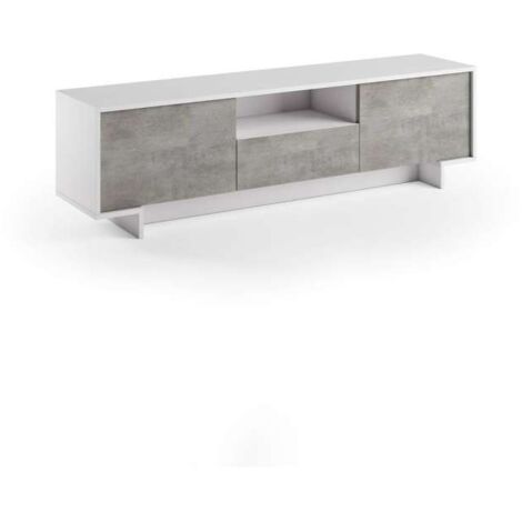 Meuble TV avec 2 portes et tiroir central en blanc ciment