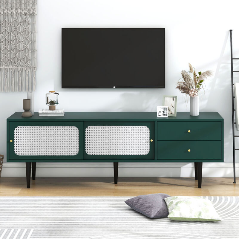 Meuble TV avec 2 Tiroirs, 160x40x60 cm, en Rotin - 2 Portes Coulissantes, Vert+Blanc