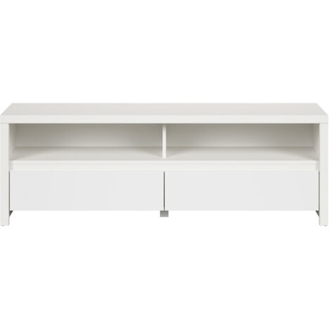 Meuble TV avec 2 tiroirs et une étagère, coloris Blanc/Blanc Mat - Longueur 143,5 x Hauteur 48,5 x Profondeur 40,5 cm