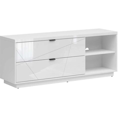 Meuble TV avec 2 tiroirs et une étagère, coloris Blanc brillant/Blanc haute brillance - Longueur 156 x Profondeur 42,5 x Hauteur 61 cm