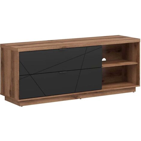 Meuble TV avec 2 tiroirs et une étagère, coloris Chêne delano / Noir mat - Longueur 156 x Profondeur 42,5 x Hauteur 61 cm