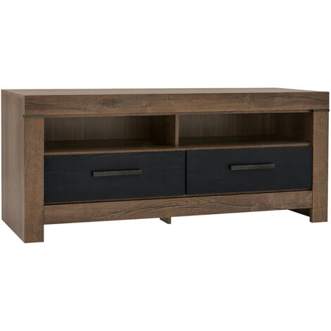 Meuble TV avec 2 tiroirs et une étagère, coloris Chêne marron foncé/Chêne noir - Longueur 140 x Profondeur 45 x Hauteur 61 cm