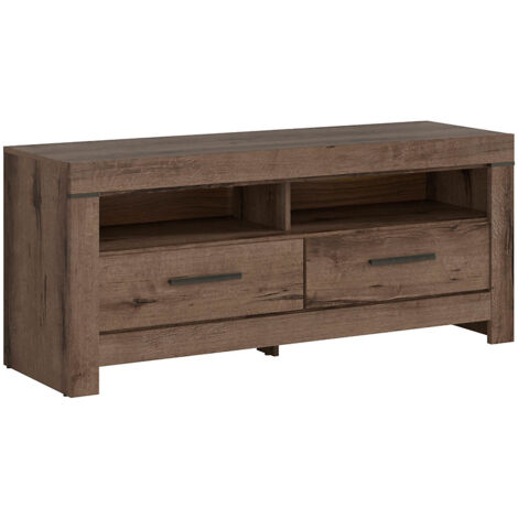 Meuble TV avec 2 tiroirs et une étagère, coloris Chêne marron foncé- Longueur 140 x Profondeur 45 x Hauteur 61 cm