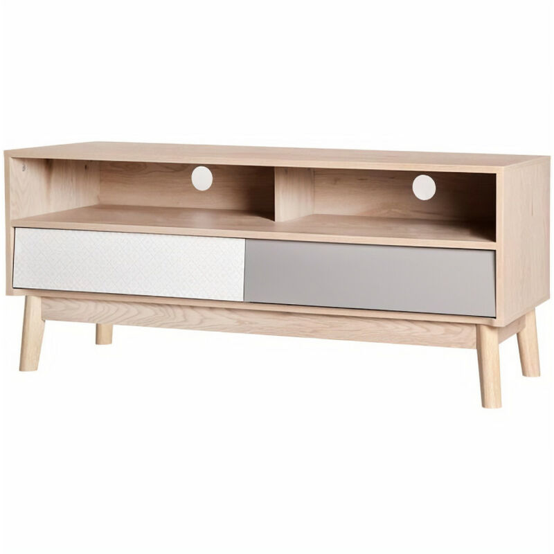 Meuble TV avec 2 tiroirs - Scandinave - NEW SOFIA - Chene Blanc Gris Motifs - L 120 x P 40 x H 50 cm