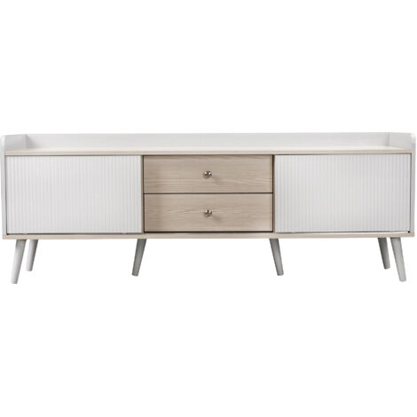 Meuble TV Avec 2 Tiroirs,2 Portes Coulissantes,texture Exquise,blanc Et Bois Naturel,h58/l160/p40 Cm